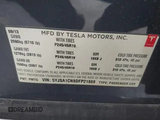2013 Tesla Model S with VIN 5YJSA1CN8DFP21869, listed as a IAAI auction lot 41772603 with Not provided miles and . Bid and sale history available at DreamBid. Image 9.