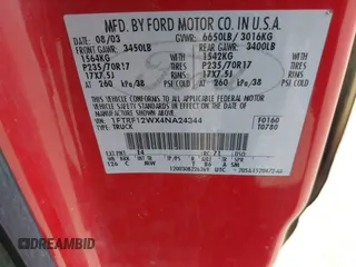 2004 Ford F-150 XL with VIN 1FTRF12WX4NA24344, listed as a IAAI auction lot 41865831 with 205,885 mi miles. Bid and sale history available at carsss.com. Image 9.