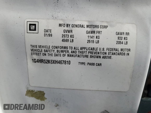 1999 Buick LeSabre Limited with VIN 1G4HR52K6XH467810, listed as a Copart auction lot 43735025 with 275,274 mi miles and Salvage Title. Bid and sale history available at DreamBid. Image 12.