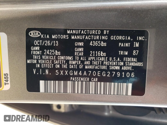 2014 Kia Optima LX with VIN 5XXGM4A70EG279106, listed as a Copart auction lot 56283135 with 160,693 mi miles and Salvage title. Bid and sale history available at DreamBid. Image 12.