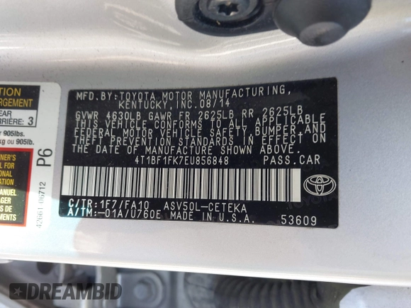 2014 Toyota Camry L with VIN 4T1BF1FK7EU856848, listed as a IAAI auction lot 41729604 with 100,148 mi miles. Bid and sale history available at carsss.com. Image 9.