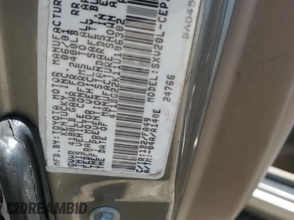 2001 Toyota Camry CE with VIN 4T1BG22K11U106302, listed as a Copart auction lot 55986065 with 151,932 mi miles and Salvage Title. Bid and sale history available at DreamBid. Image 12.