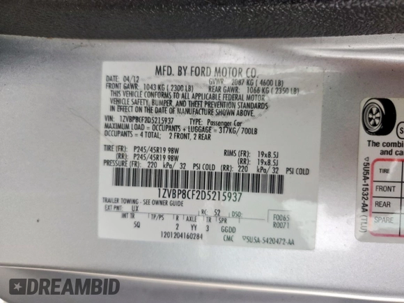2013 Ford Mustang GT with VIN 1ZVBP8CF2D5215937, listed as a Copart auction lot 61425015 with Not provided miles and Salvage title. Bid and sale history available at DreamBid. Image 12.