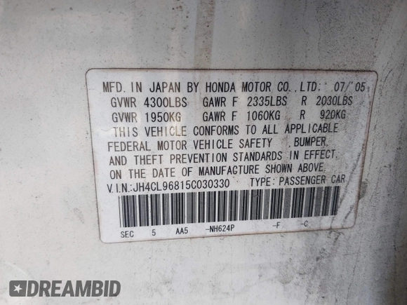 2005 Acura TSX z VIN JH4CL96815C030330, wystawiony jako IAAI lot #41262461 z przebiegiem 148 740 mil mil oraz . Historia ofert i sprzedaży dostępna na DreamBid. Obrazek 9.