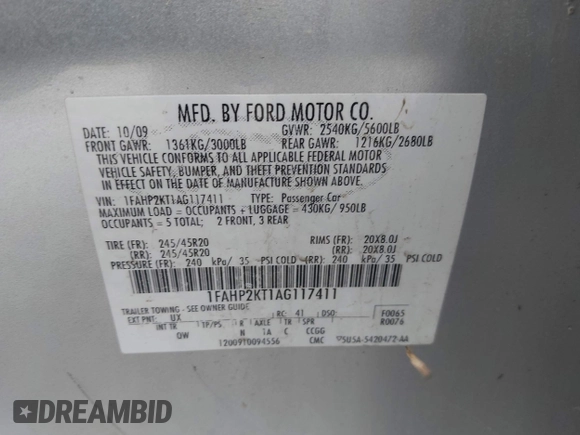 2010 Ford Taurus SHO with VIN 1FAHP2KT1AG117411, listed as a IAAI auction lot 42754452 with 156,964 mi miles and . Bid and sale history available at DreamBid. Image 9.