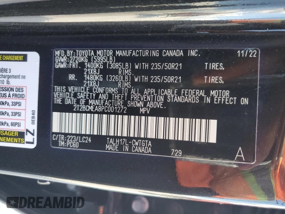 2023 Lexus RX 500h F Sport Performance with VIN 2T2BCMEA8PC001272, listed as a Copart auction lot 78312444 with 10,966 mi miles and Salvage title. Bid and sale history available at DreamBid. Image 14.