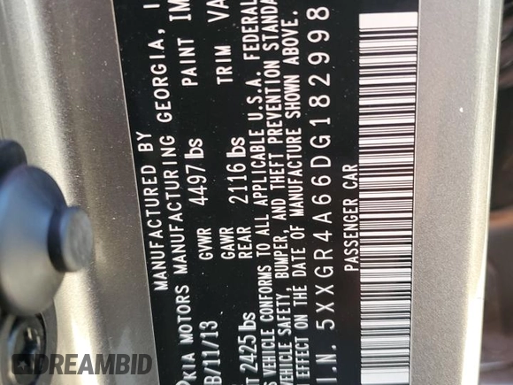 2013 Kia Optima SX with VIN 5XXGR4A66DG182998, listed as a Copart auction lot 46853795 with 138,362 mi miles and Salvage Title. Bid and sale history available at carsss.com. Image 12.