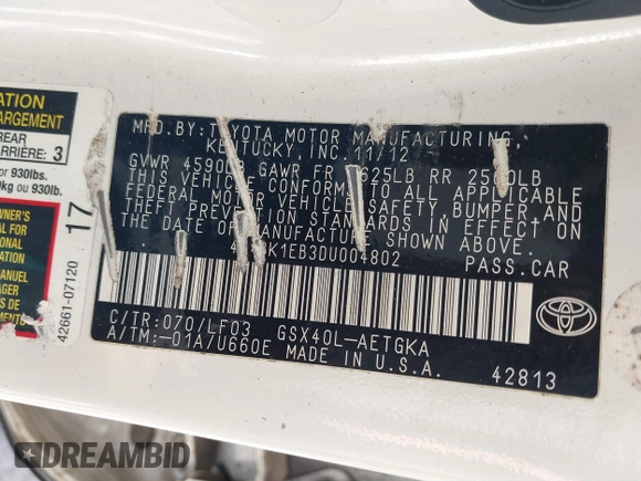 2013 Toyota Avalon XLE with VIN 4T1BK1EB3DU004802, listed as a IAAI auction lot 41469831 with 215,235 mi miles and . Bid and sale history available at DreamBid. Image 9.