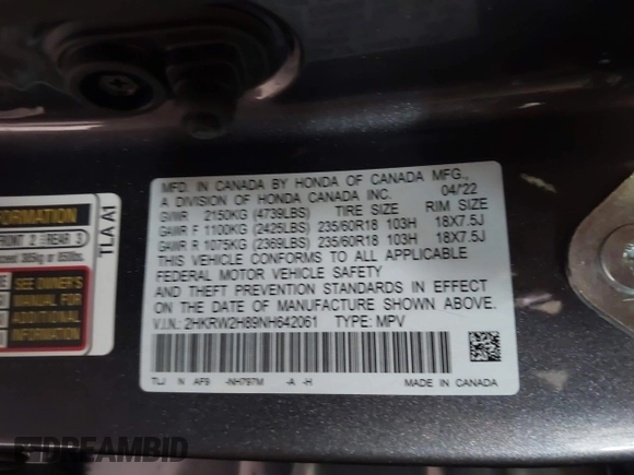 2022 Honda CR-V EX-L with VIN 2HKRW2H89NH642061, listed as a IAAI auction lot 42013941 with 20,029 mi miles. Bid and sale history available at carsss.com. Image 9.