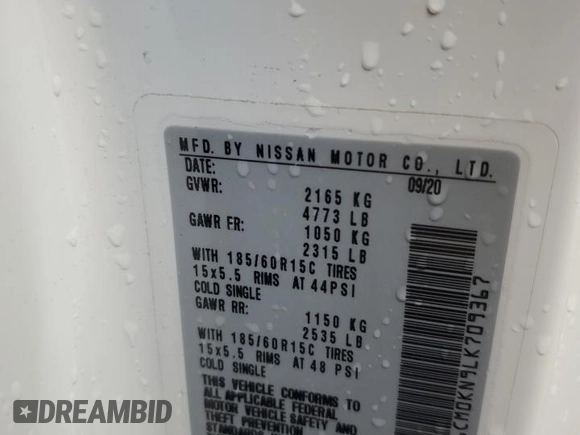 2020 Nissan NV200 S with VIN 3N6CM0KN9LK709367, listed as a Copart auction lot 50824245 with 34,429 mi miles and Salvage title. Bid and sale history available at DreamBid. Image 13.