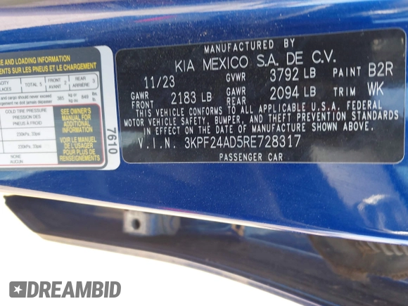 2024 Kia Forte LXS with VIN 3KPF24AD5RE728317, listed as a IAAI auction lot 42205454 with 32,694 mi miles and . Bid and sale history available at DreamBid. Image 9.