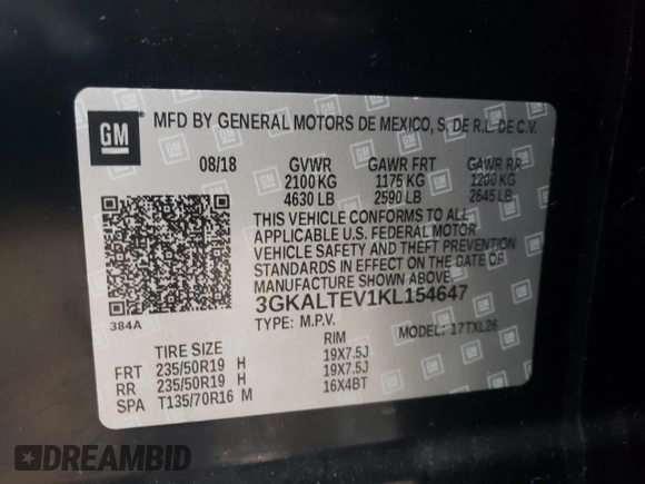 2019 GMC Terrain SLE with VIN 3GKALTEV1KL154647, listed as a Copart auction lot 70748654 with 128,265 mi miles and Salvage Title. Bid and sale history available at carsss.com. Image 12.