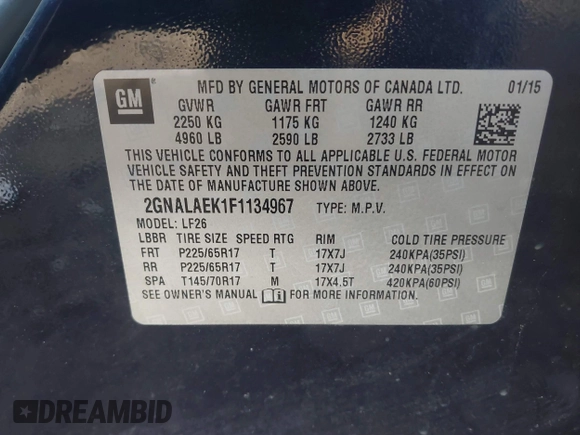 2015 Chevrolet Equinox LS z VIN 2GNALAEK1F1134967, wystawiony jako IAAI lot #41493113 z przebiegiem 144 336 mil mil oraz . Historia ofert i sprzedaży dostępna na DreamBid. Obrazek 9.
