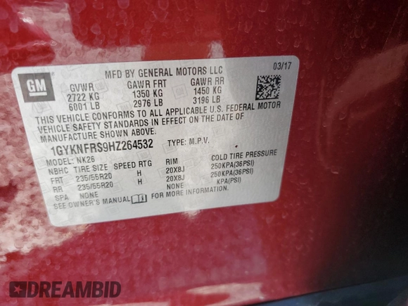 2017 Cadillac XT5 Platinum AWD with VIN 1GYKNFRS9HZ264532, listed as a Copart auction lot 50312375 with 63,623 mi miles and Salvage Title. Bid and sale history available at carsss.com. Image 12.
