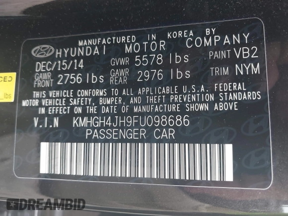 2015 Hyundai Equus Signature with VIN KMHGH4JH9FU098686, listed as a IAAI auction lot 42275775 with 102,765 mi miles and . Bid and sale history available at DreamBid. Image 9.