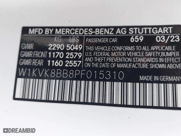 2023 Mercedes-Benz SL with VIN W1KVK8BB8PF015310, listed as a IAAI auction lot 41165754 with 7,781 mi miles. Bid and sale history available at carsss.com. Image 9.