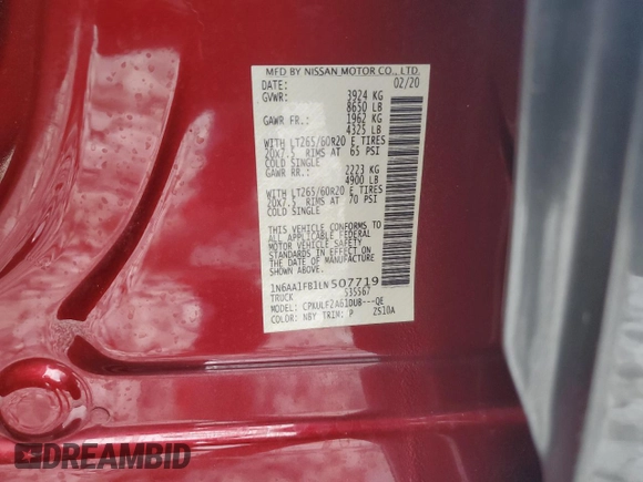 2020 Nissan Titan XD Platinum Reserve with VIN 1N6AA1FB1LN507719, listed as a Copart auction lot 73287624 with 52,892 mi miles and Salvage Title. Bid and sale history available at carsss.com. Image 15.
