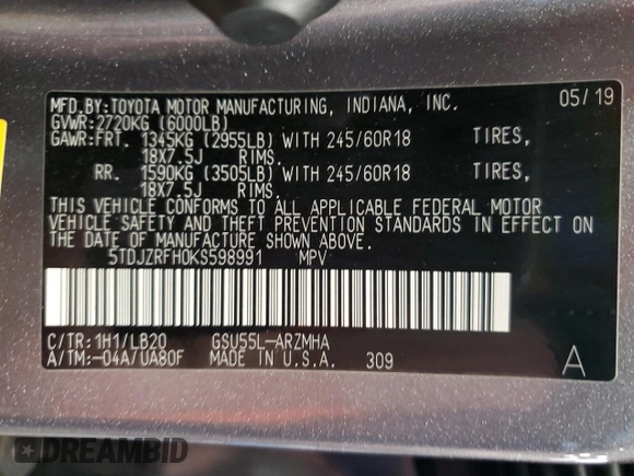2019 Toyota Highlander SE with VIN 5TDJZRFH0KS598991, listed as a Copart auction lot 62814595 with 87,724 mi miles and Salvage title. Bid and sale history available at DreamBid. Image 14.