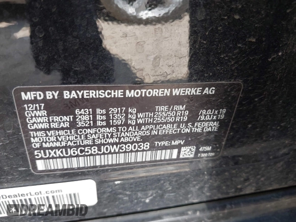 2018 BMW X6 xDrive50i with VIN 5UXKU6C58J0W39038, listed as a IAAI auction lot 40025654 with 106,080 mi miles. Bid and sale history available at carsss.com. Image 9.