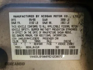 2000 Nissan Altima GXE with VIN 1N4DL01A4YC123672, listed as a Copart auction lot 44806785 with 0 mi miles and Clean Title. Bid and sale history available at carsss.com. Image 12.