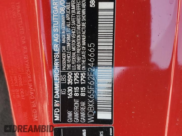 2002 Mercedes-Benz SLK 320 with VIN WDBKK65F62F246665, listed as a Copart auction lot 61410145 with Not provided miles and Salvage title. Bid and sale history available at DreamBid. Image 12.