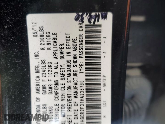 2017 Honda Accord Sedan LX with VIN 1HGCR2F31HA235790, listed as a Copart auction lot 41958745 with 77,054 mi miles and Salvage Title. Bid and sale history available at carsss.com. Image 14.