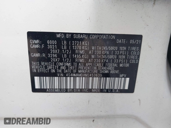 2021 Subaru Ascent Limited z VIN 4S4WMAMDXM3453639, wystawiony jako IAAI lot #42215447 z przebiegiem 78 229 mil mil oraz . Historia ofert i sprzedaży dostępna na DreamBid. Obrazek 9.