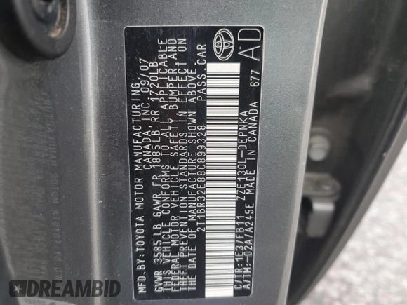 2008 Toyota Corolla CE with VIN 2T1BR32E88C899328, listed as a Copart auction lot 52814865 with 219,378 mi miles and Clean Title. Bid and sale history available at DreamBid. Image 12.