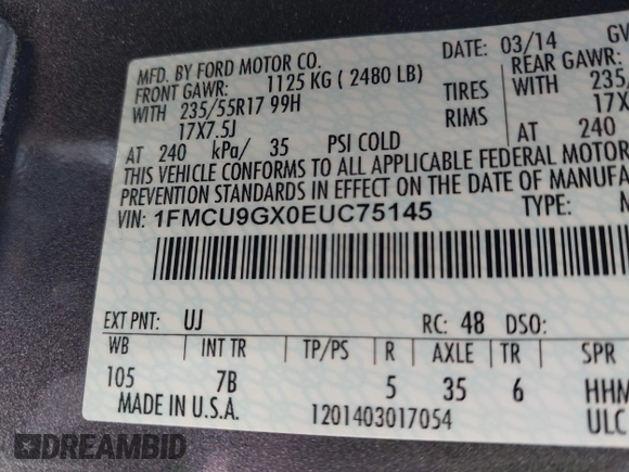 2014 Ford Escape SE with VIN 1FMCU9GX0EUC75145, listed as a IAAI auction lot 42048519 with 186,670 mi miles and . Bid and sale history available at DreamBid. Image 9.