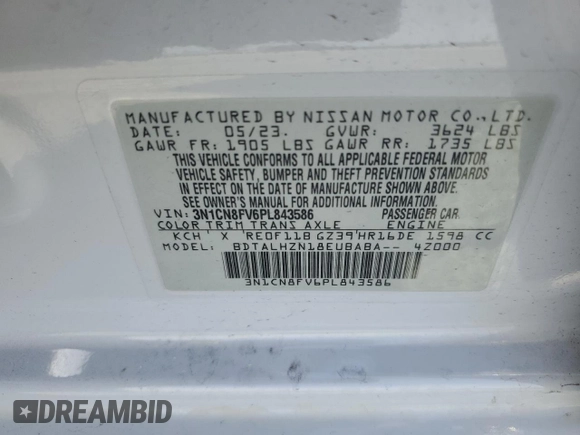 2023 Nissan Versa SR with VIN 3N1CN8FV6PL843586, listed as a Copart auction lot 49622095 with 10,237 mi miles and Salvage Title. Bid and sale history available at carsss.com. Image 12.