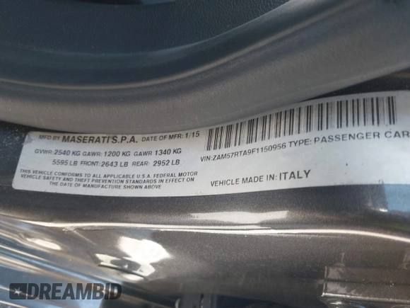 2015 Maserati Ghibli S Q4 с VIN ZAM57RTA9F1150956, выставлен на аукционе IAAI как лот 41817012 с пробегом 56 386 миль миль и . История ставок и продаж доступна на DreamBid. Изображение 9.