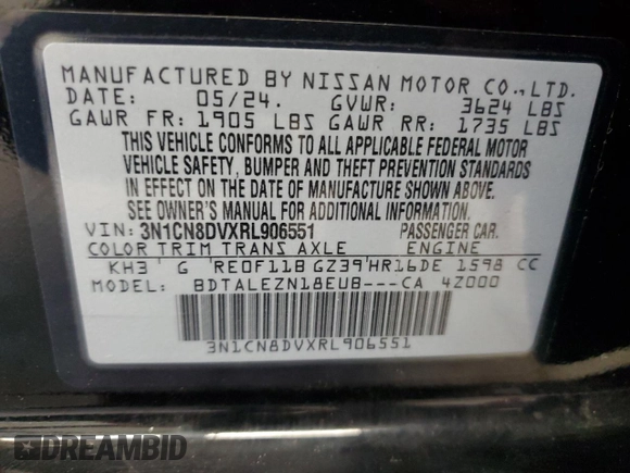 2024 Nissan Versa S with VIN 3N1CN8DVXRL906551, listed as a Copart auction lot 52995055 with 14,189 mi miles and Salvage Title. Bid and sale history available at carsss.com. Image 12.