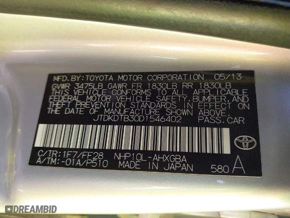 2013 Toyota Prius c One with VIN JTDKDTB30D1546402, listed as a IAAI auction lot 41803072 with 1 mi miles. Bid and sale history available at carsss.com. Image 9.