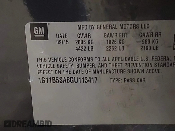2016 Chevrolet Malibu Limited LS with VIN 1G11B5SA8GU113417, listed as a IAAI auction lot 41367346 with 122,269 mi miles. Bid and sale history available at carsss.com. Image 9.