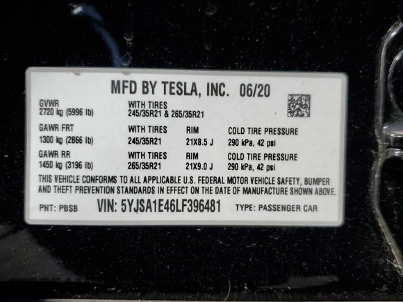 2020 Tesla Model S Performance with VIN 5YJSA1E46LF396481, listed as a Copart auction lot 47896835 with 47,878 mi miles and Salvage title. Bid and sale history available at DreamBid. Image 14.