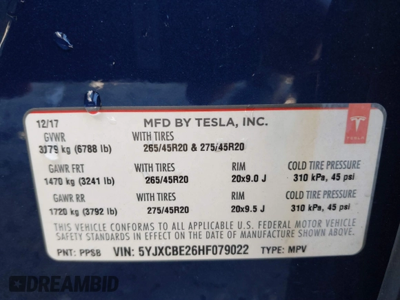 2017 Tesla Model X 90D z VIN 5YJXCBE26HF079022, wystawiony jako IAAI lot #41847954 z przebiegiem 74 940 mil mil oraz . Historia ofert i sprzedaży dostępna na DreamBid. Obrazek 9.