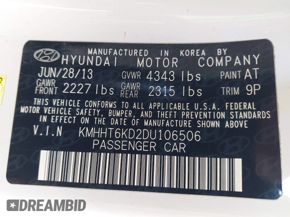 2013 Hyundai Genesis Coupe R-Spec with VIN KMHHT6KD2DU106506, listed as a IAAI auction lot 41611021 with 126,926 mi miles and . Bid and sale history available at DreamBid. Image 9.