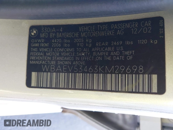 2003 BMW 3 Series 330i with VIN WBAEV53463KM29698, listed as a IAAI auction lot 41528947 with 204,400 mi miles. Bid and sale history available at carsss.com. Image 9.