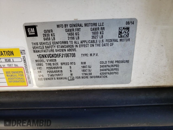 2015 Chevrolet Traverse LT with VIN 1GNKVGKD6FJ106708, listed as a Copart auction lot 42346195 with Not Provided miles and Clean Title. Bid and sale history available at DreamBid. Image 14.
