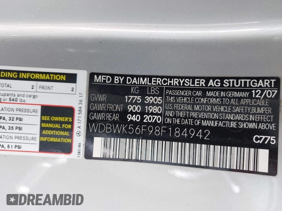 2008 Mercedes-Benz SLK 350 with VIN WDBWK56F98F184942, listed as a IAAI auction lot 42397775 with 80,851 mi miles and . Bid and sale history available at DreamBid. Image 9.