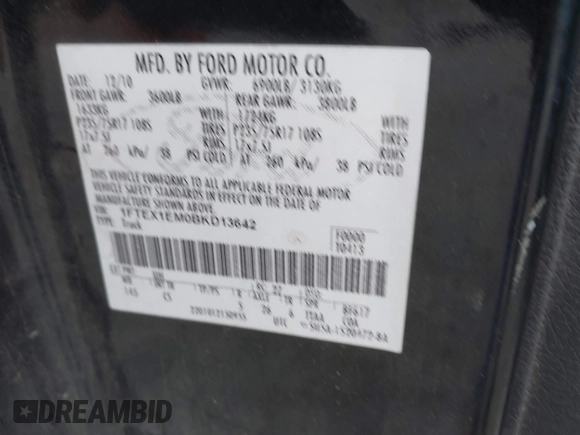2011 Ford F-150 XL with VIN 1FTEX1EM0BKD13642, listed as a IAAI auction lot 41171012 with 258,023 mi miles and . Bid and sale history available at carsss.com. Image 9.