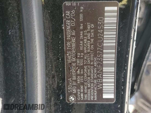 2007 BMW 5 Series 530xi with VIN WBANF73577CU24530, listed as a Copart auction lot 52194315 with Not Provided miles and Salvage Title. Bid and sale history available at carsss.com. Image 13.