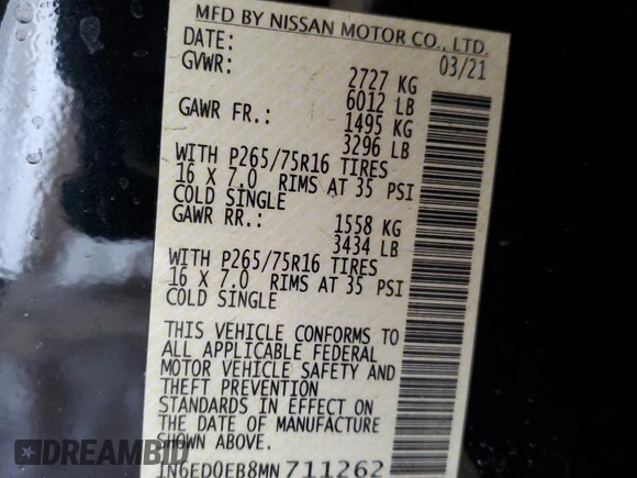 2021 Nissan Frontier SV with VIN 1N6ED0EB8MN711262, listed as a Copart auction lot 47448075 with 44,907 mi miles and Salvage title. Bid and sale history available at DreamBid. Image 12.
