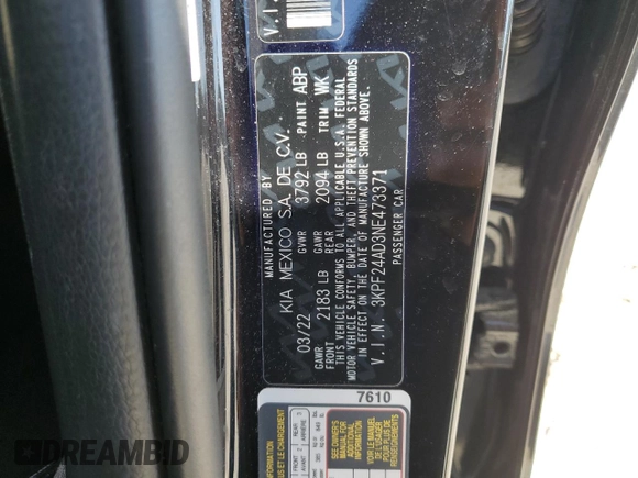 2022 Kia Forte LXS with VIN 3KPF24AD3NE473371, listed as a Copart auction lot 50612325 with 65,154 mi miles and Non Repairable. Bid and sale history available at DreamBid. Image 12.
