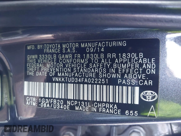 2015 Toyota Yaris L with VIN VNKKTUD34FA022251, listed as a IAAI auction lot 41435973 with 57,044 mi miles. Bid and sale history available at carsss.com. Image 9.