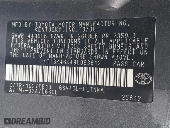 2009 Toyota Camry LE z VIN 4T1BK46K49U093612, wystawiony jako IAAI lot #41847395 z przebiegiem 250 383 mil mil oraz . Historia ofert i sprzedaży dostępna na DreamBid. Obrazek 9.