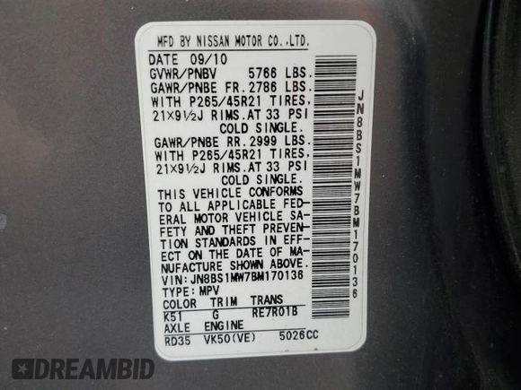 2011 Infiniti FX with VIN JN8BS1MW7BM170136, listed as a Copart auction lot 50385225 with Not provided miles and Salvage title. Bid and sale history available at DreamBid. Image 13.