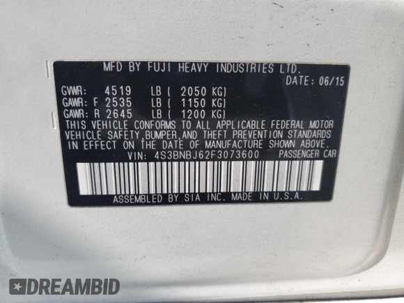 2015 Subaru Legacy Limited with VIN 4S3BNBJ62F3073600, listed as a Copart auction lot 65429045 with 110,246 mi miles and Clean title. Bid and sale history available at DreamBid. Image 12.