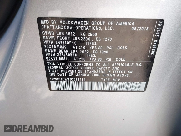 2018 Volkswagen Atlas SE with VIN 1V2DP2CA3JC599181, listed as a IAAI auction lot 42293017 with 70,589 mi miles and . Bid and sale history available at DreamBid. Image 9.