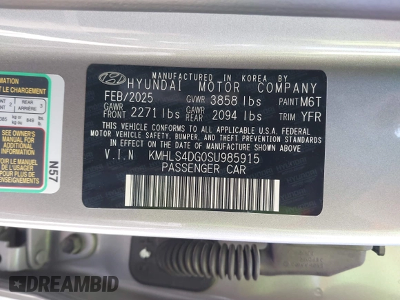 2025 Hyundai Elantra SEL Convenience with VIN KMHLS4DG0SU985915, listed as a IAAI auction lot 42111123 with 680 mi miles and . Bid and sale history available at DreamBid. Image 9.
